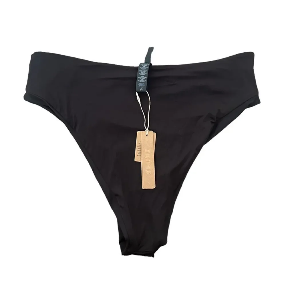 NWT SKIMS Recycled Signature Swim Mid Waist Bikini Bottom In Onyx Black